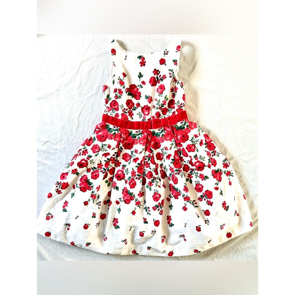 Janie and Jack Girls Dress Size 5 – White Floral Rose Print Party Dress Red Bow